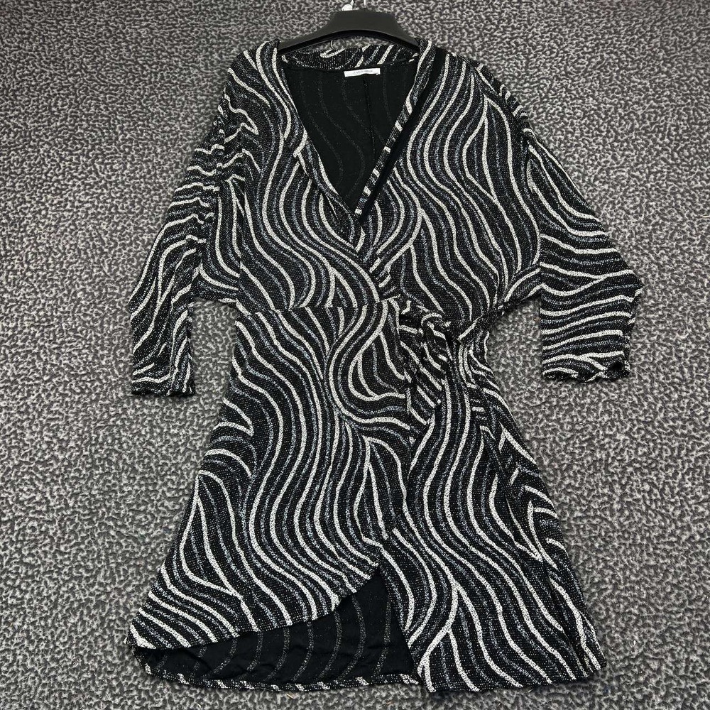 Zara Trafaluc Wrap Dress Women Large Black Silver Metallic Wave L